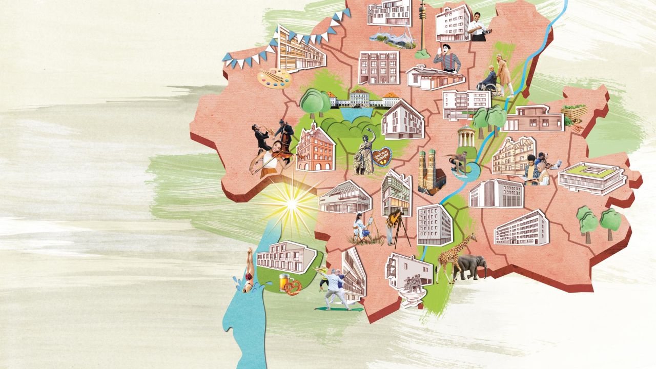 Bunte Illustration, die eine stilisierte Karte von München und dem Starnberger See mit Gebäuden und Menschen zeigt Bunte Illustration, die eine stilisierte Karte von München und dem Starnberger See mit Gebäuden und Menschen zeigt