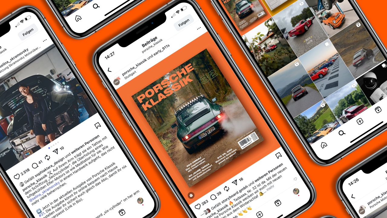 Several smartphones display the Instagram feed of PORSCHE KLASSIK magazine on an orange background
