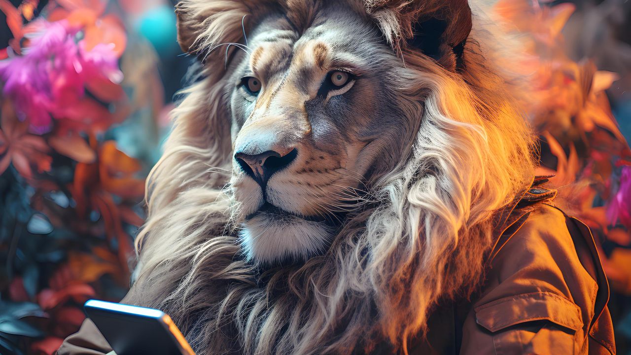 A surrealistic AI illustration shows a lion with a human torso wearing a jacket, looking at a smartphone in a jungle setting