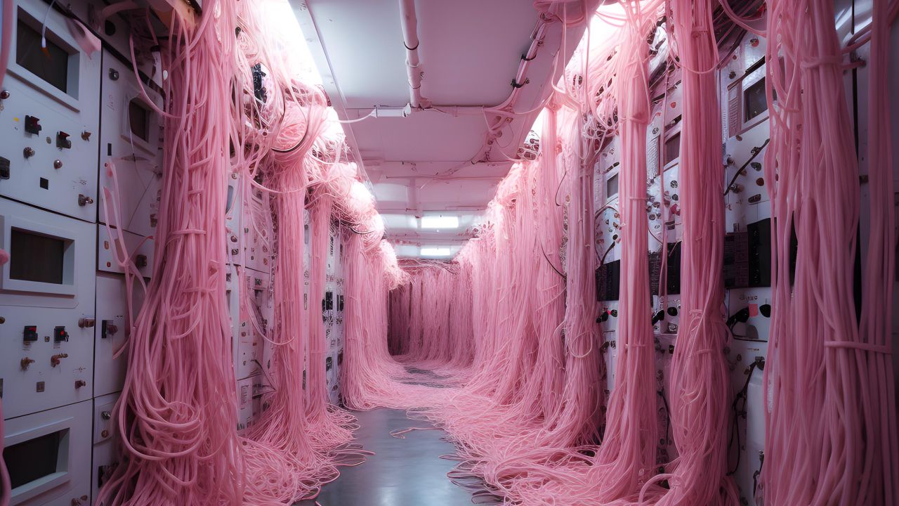 Futuristic server room with a hallway filled with thick, messy pink data cables