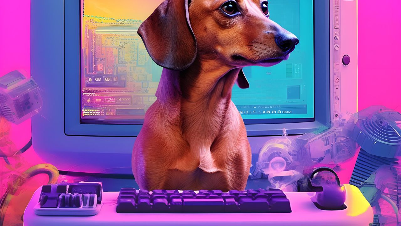 Colorful AI illustration shows a dachshund with its head sticking out of a retro computer monitor, surrounded by technical equipment.