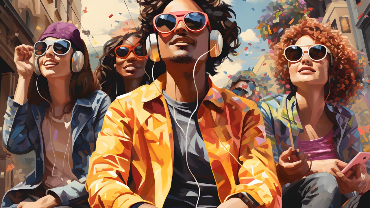 Colorful, comic-style AI illustration shows a diverse group of young adults in a shower of confetti.