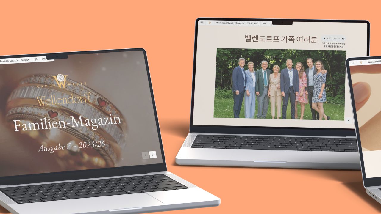 Several open laptops display the home page and editorial of the digital Wellendorff family magazine in German and Japanese.