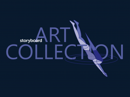 Grafische Illustration mit dem Schriftzug „storyboard ART COLLECTION“ und einer stilisierten, rennenden Frauenfigur vor dunklem Hintergrund