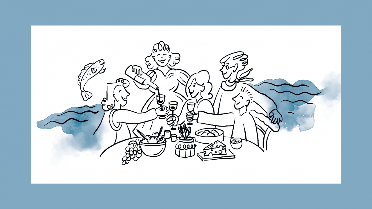 A minimalist line drawing with blue watercolor accents showing a group of people having a picnic and making a toast