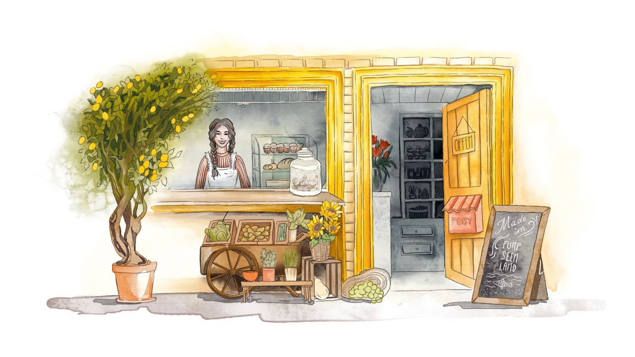 Detailed watercolor illustration of a farm shop featuring a saleswoman behind the counter, a fruit cart, and a lemon tree