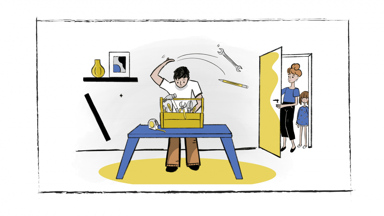 A simplified color sketch shows a man with a toolbox at a table, watched by a woman and a child at the door