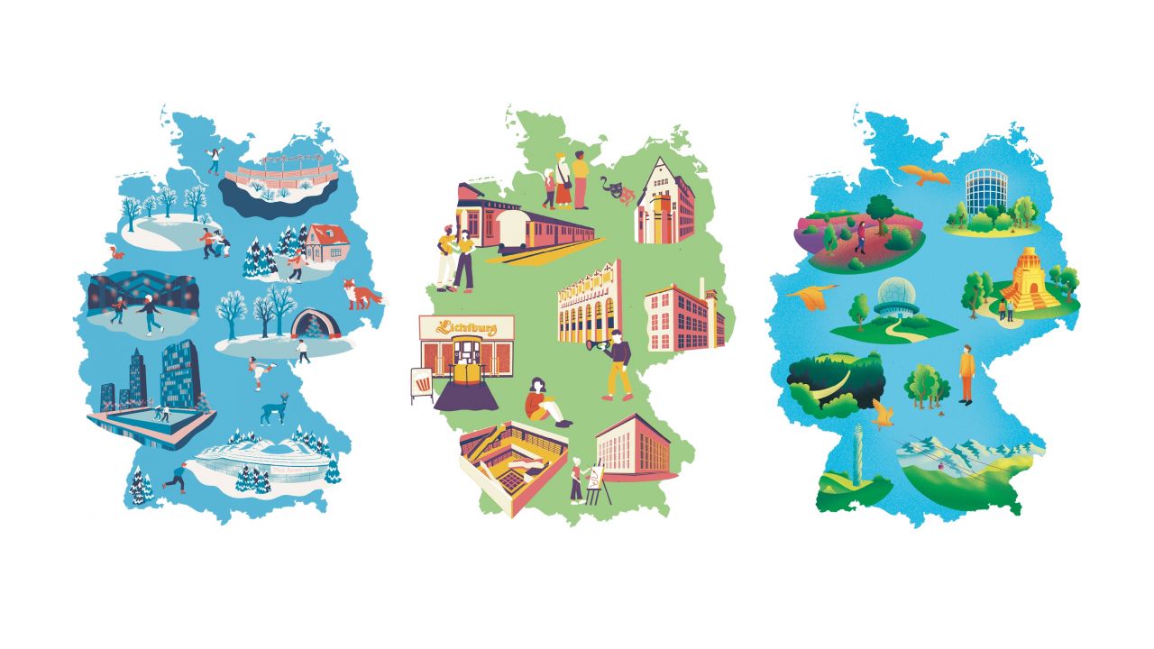 Three stylized maps of Germany, each illustrating different regional leisure activities, landmarks, and landscapes