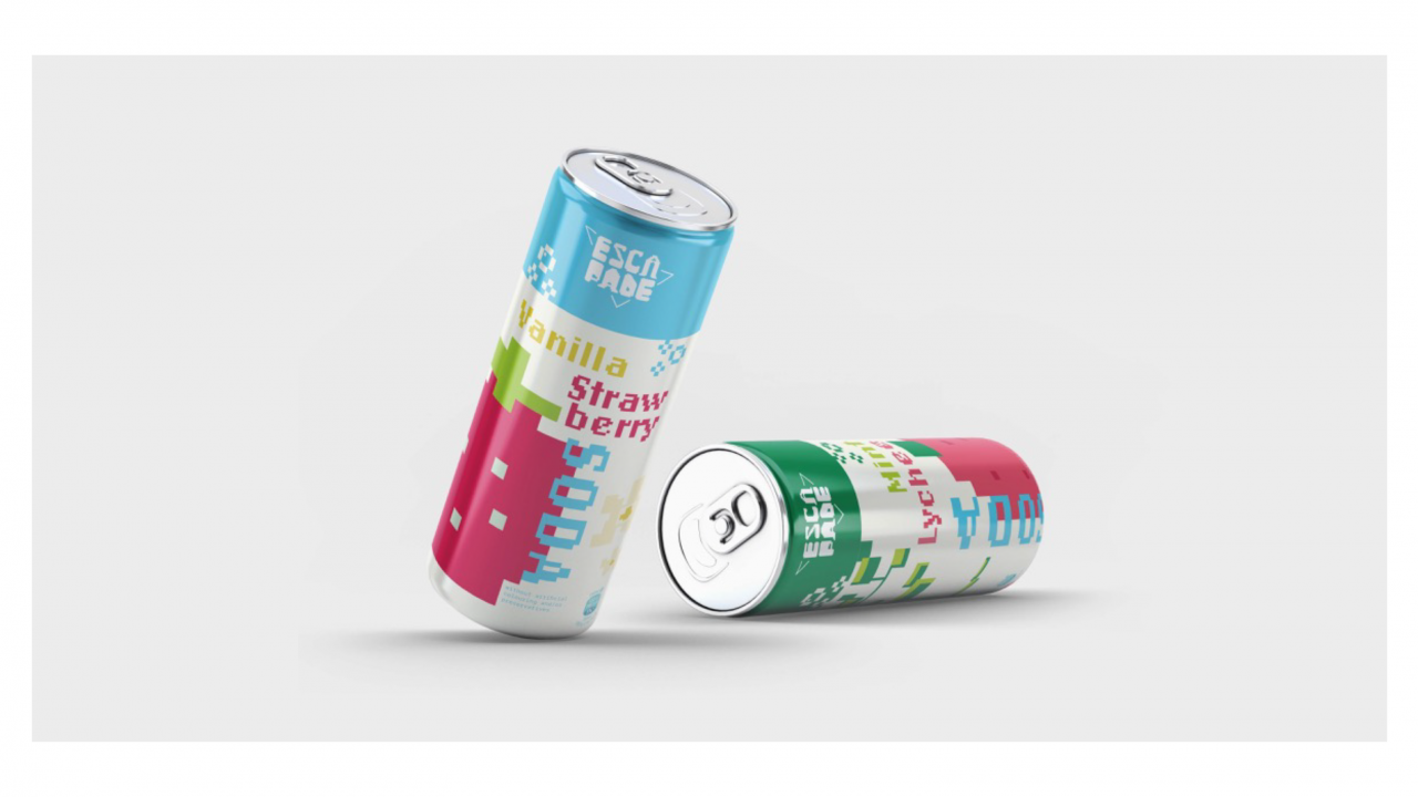Two beverage cans from the brand "ESCAPADE SODA" featuring a colorful pixel art design and the flavors Vanilla Strawberry and Mint Lychee against a white background