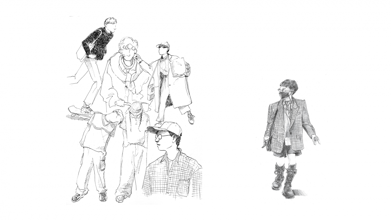 A black and white pencil sketch showing various people in urban clothing, including a group skating and a single figure in a checkered blazer