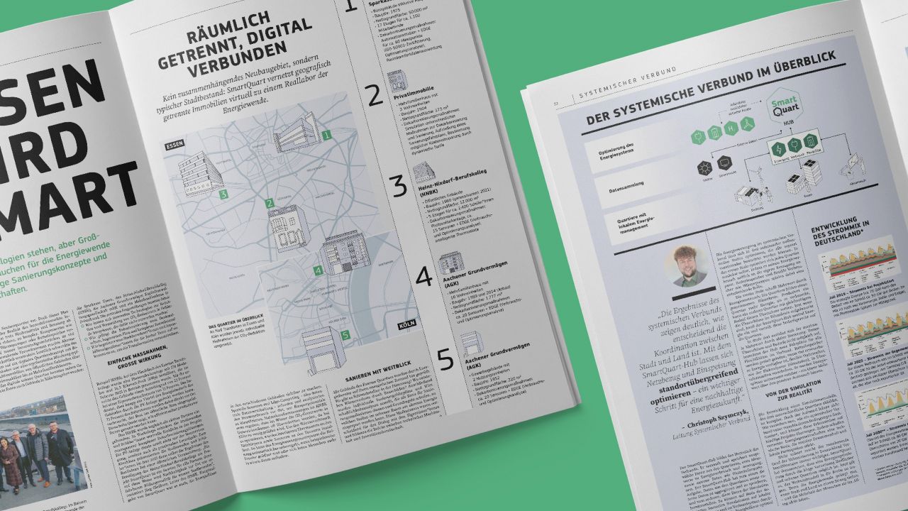 Magazinseite mit einer Stadtkarte von Essen und Informationen zu verschiedenen Immobilienprojekten im Rahmen des SmartQuart-Reallabors